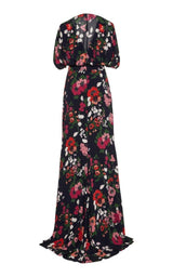 Floral Printed Georgette V-Neck Gown Lela Rose