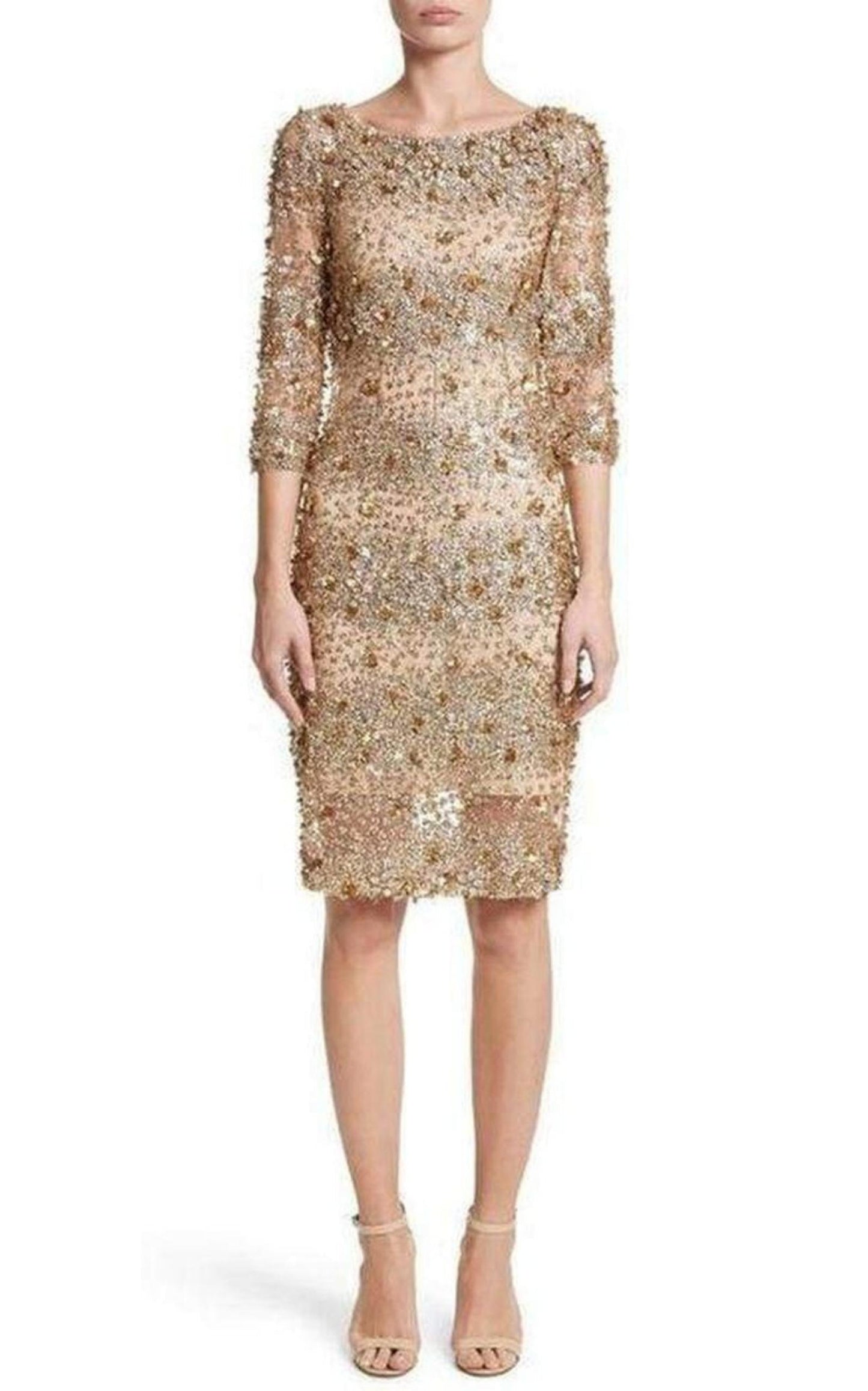 Naeem Khan Beaded Gold Fitted Cocktail Dress Naeem Khan