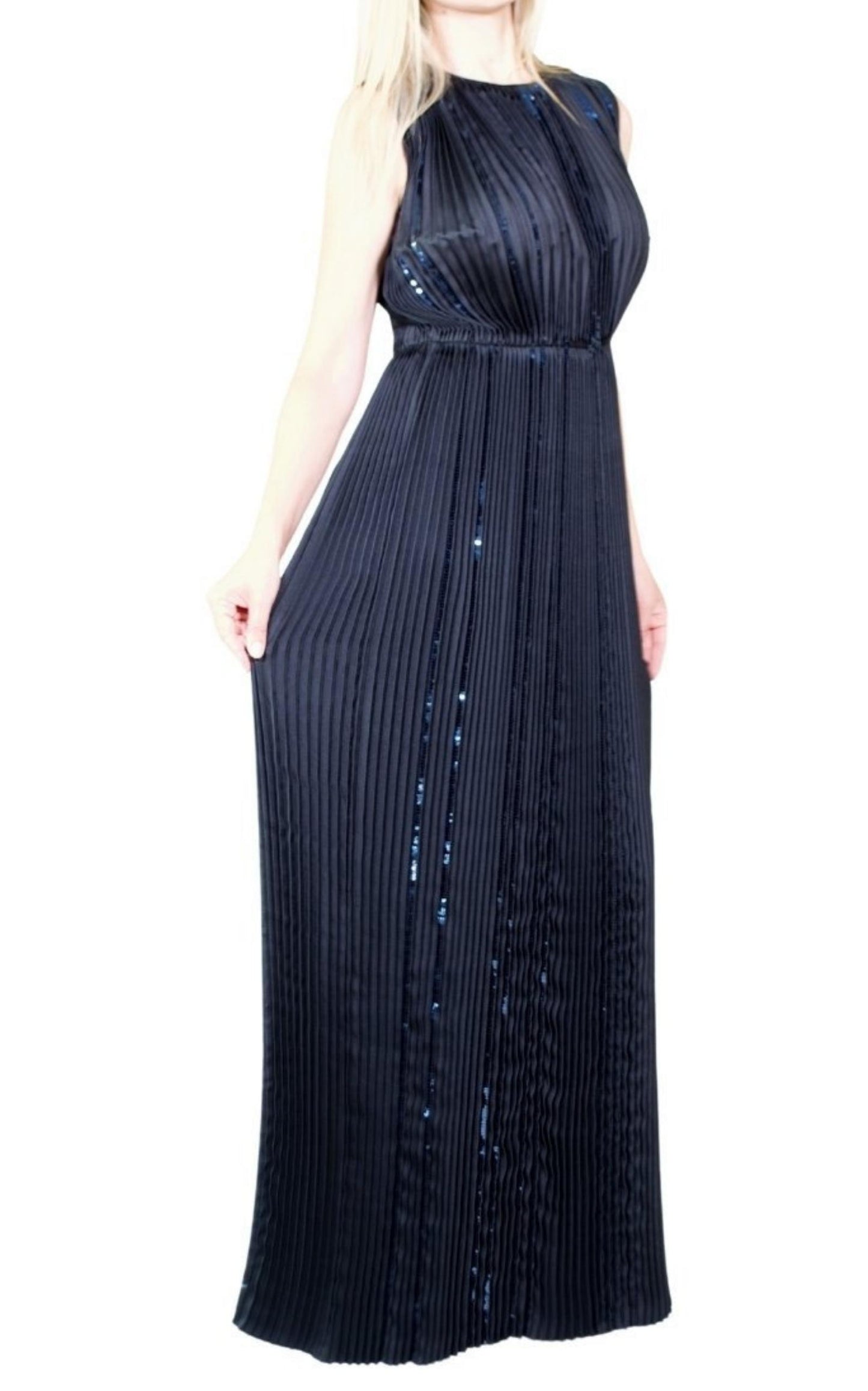 Black Pleated Sequin Embellished Maxi Silk Gown Nina Ricci