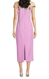 Oscar de la Renta Poppies Illusion Neck Pencil Wool Pink Midi Dress