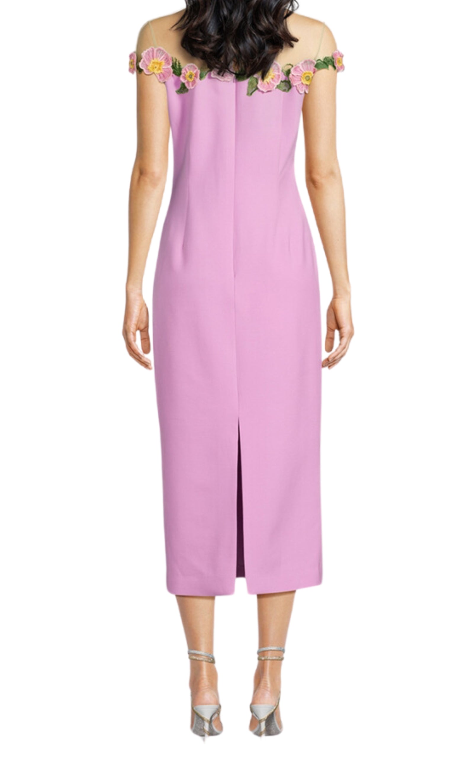 Oscar de la Renta Poppies Illusion Neck Pencil Wool Pink Midi Dress