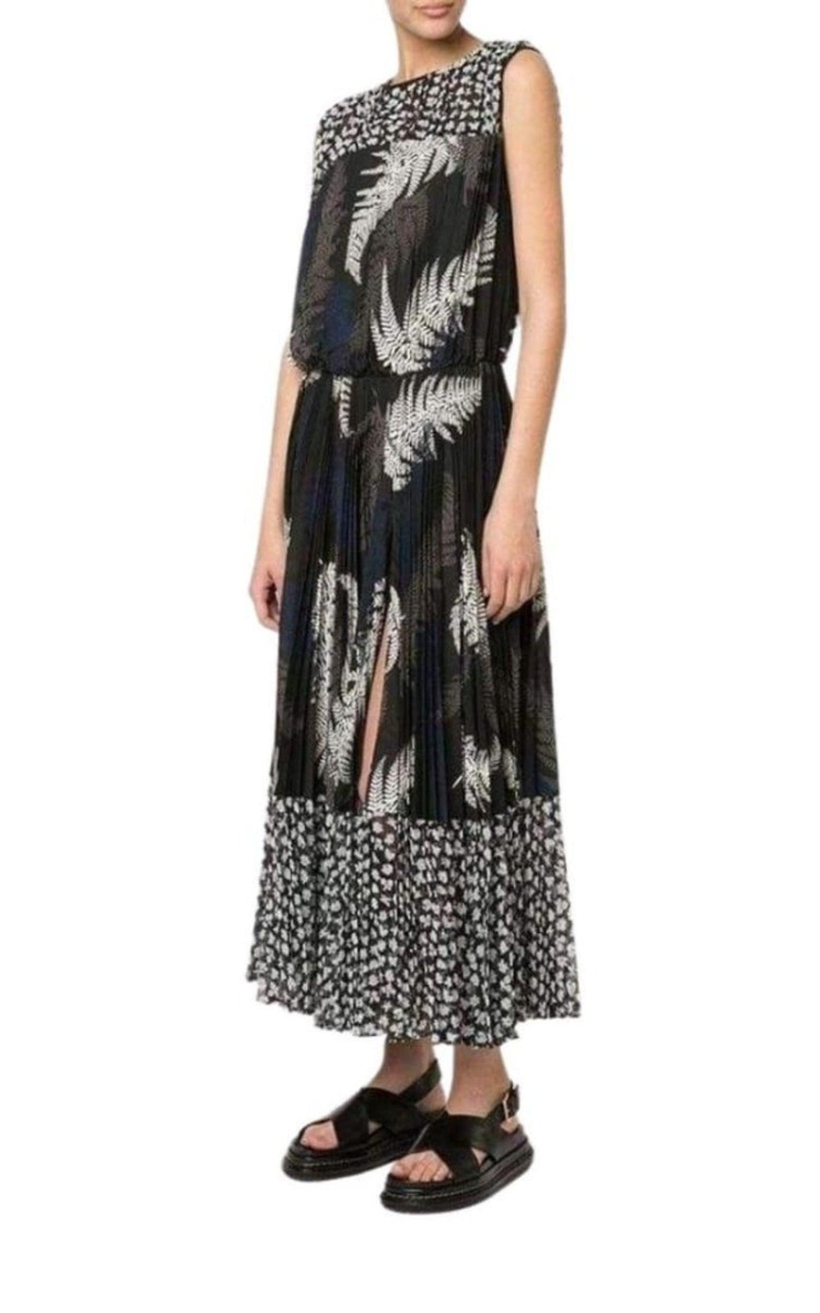 Mixed Print Pleated Maxi Dress Sacai